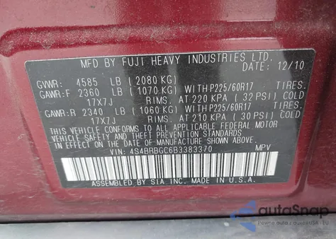 2011 Subaru Outback 2.5I Premium z USA, uszkodzony, nr VIN 4S4BRBGC6B3383370